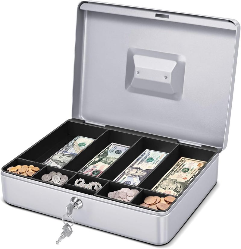Flexzion Cash Box with Money Tray and Lock - Metal Cash Box for Small Businesses, 9-Compartment Silver Money Box with Removable Tray and Key, Portable Storage for Checks and Coins - Image 1