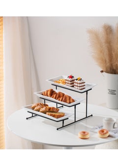 Shallow Shallow Elegant Porcelain 3 Tier Rectangle White 33cm Plate with Black Stand  - Image 2