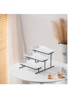 Shallow Shallow Elegant Porcelain 3 Tier Rectangle White 33cm Plate with Black Stand  - Image 3