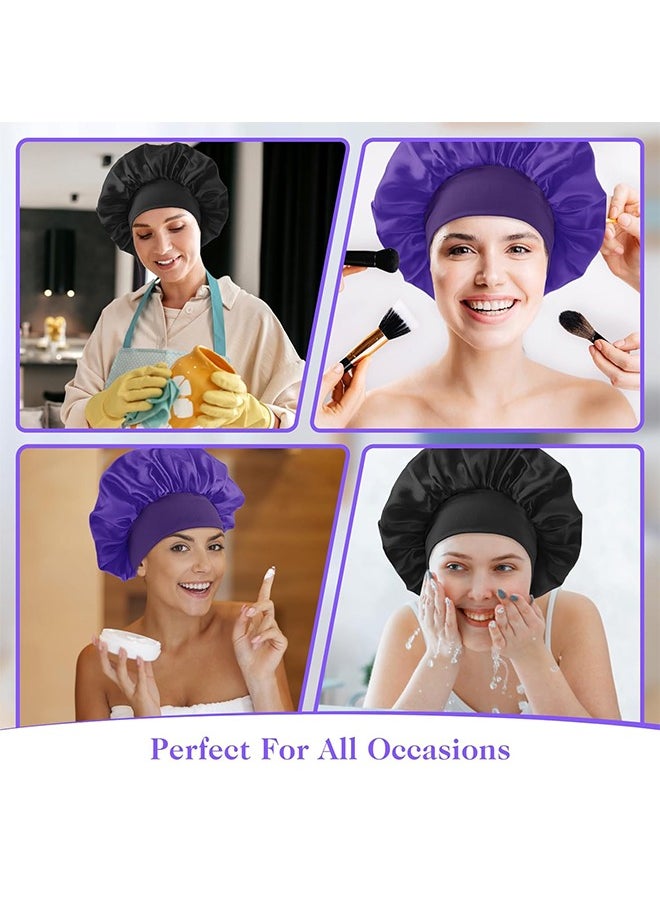 2 Pcs Silk Satin Bonnet, Elastic Soft Band Sleep Cap, Shower Caps for Women Makeup Hair Protection (Black, Purple)