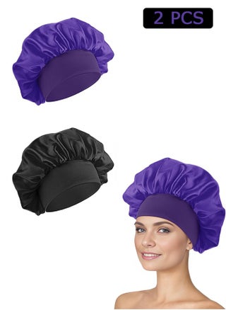 2 Pcs Silk Satin Bonnet, Elastic Soft Band Sleep Cap, Shower Caps for Women Makeup Hair Protection (Black, Purple) - pzsku/Z3587B0E8C71AE671E90BZ/45/_/1718268281/0bf2da14-118e-47e5-a018-6e6f794dab6b