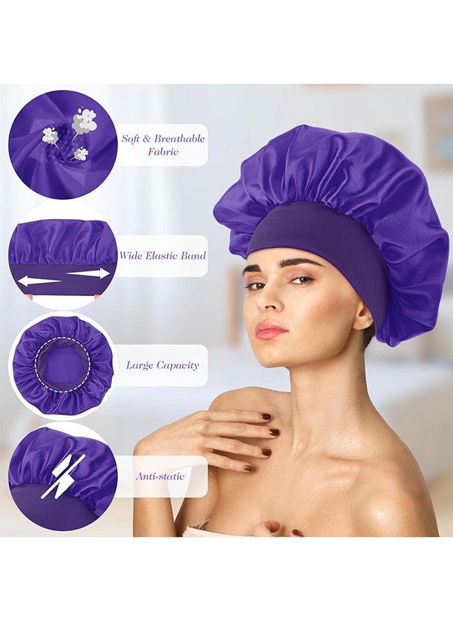Zoreya 2 Pcs Silk Satin Bonnet, Elastic Soft Band Sleep Cap, Shower Caps for Women Makeup Hair Protection (Black, Purple)  - Image 3