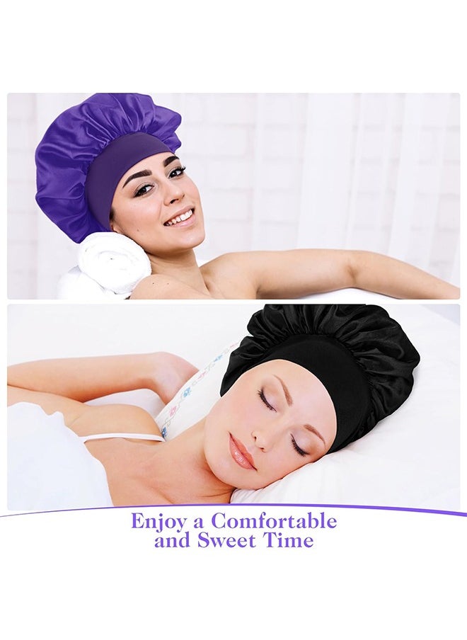 Zoreya 2 Pcs Silk Satin Bonnet, Elastic Soft Band Sleep Cap, Shower Caps for Women Makeup Hair Protection (Black, Purple)  - Image 4