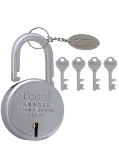 Foora Foora Round 65mm Lock Metal Body Double Locking 8 Steel Lever 4 Silver Keys with Keychain Silver Finsih Made in India Export in USA Canada  - Image 1
