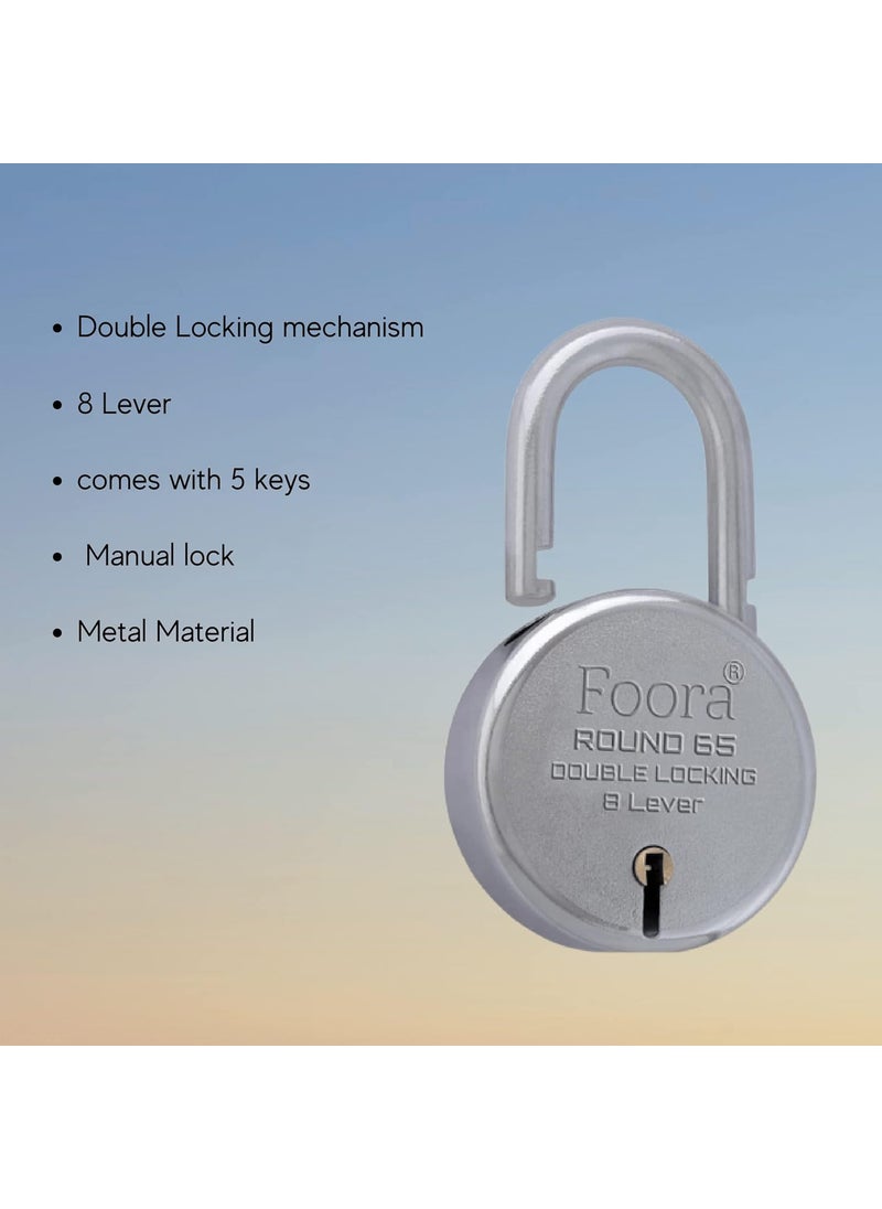Foora Foora Round 65mm Lock Metal Body Double Locking 8 Steel Lever 4 Silver Keys with Keychain Silver Finsih Made in India Export in USA Canada  - Image 4