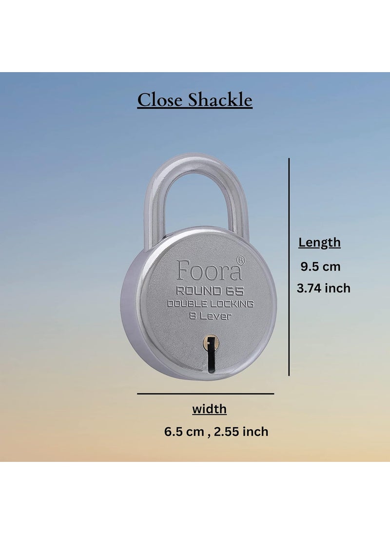 Foora Foora Round 65mm Lock Metal Body Double Locking 8 Steel Lever 4 Silver Keys with Keychain Silver Finsih Made in India Export in USA Canada  - Image 2