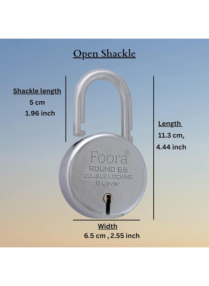 Foora Foora Round 65mm Lock Metal Body Double Locking 8 Steel Lever 4 Silver Keys with Keychain Silver Finsih Made in India Export in USA Canada  - Image 3
