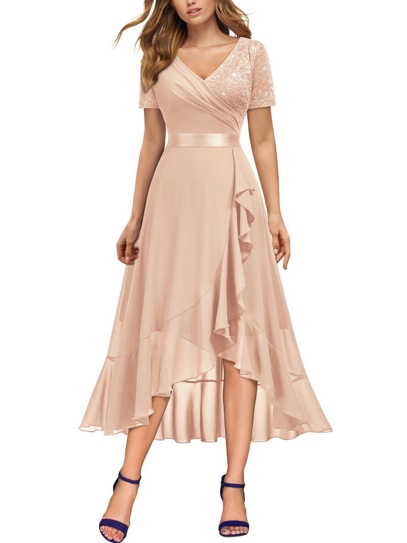Miusol Women's Elegant V Neck Contrast Sequin Lace Chiffon Ruffle Split Evening Party Dress (Large, Champagne) - Image 1