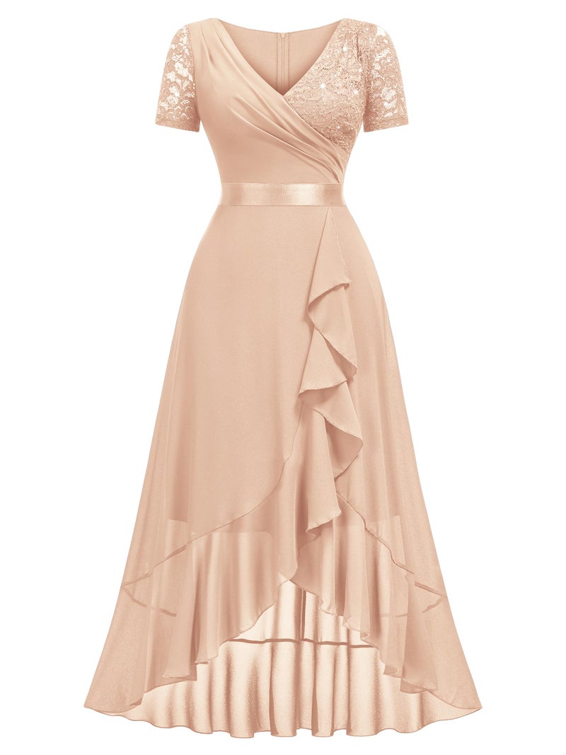 Miusol Women's Elegant V Neck Contrast Sequin Lace Chiffon Ruffle Split Evening Party Dress (Large, Champagne) - Image 5