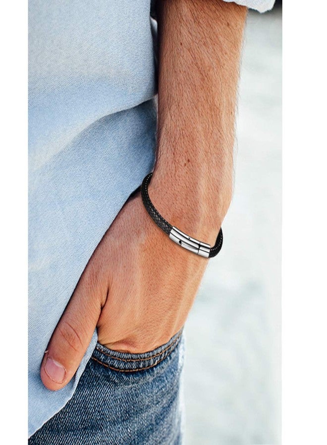 FOCALOOK Black Leather Bracelet for Men, Braided Wax Rope Bracelet with Stainless Steel Clasp Engraved Inspirational Wristband Fathers Day Gift for Him Husband Dad Friend 7inch(18cm) - Image 2
