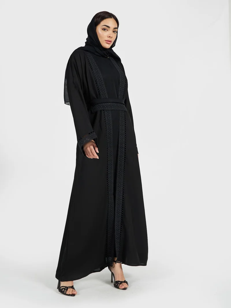 Reem Abayas Classic Black Lace-Bordered Abaya with Matching Waist Belt