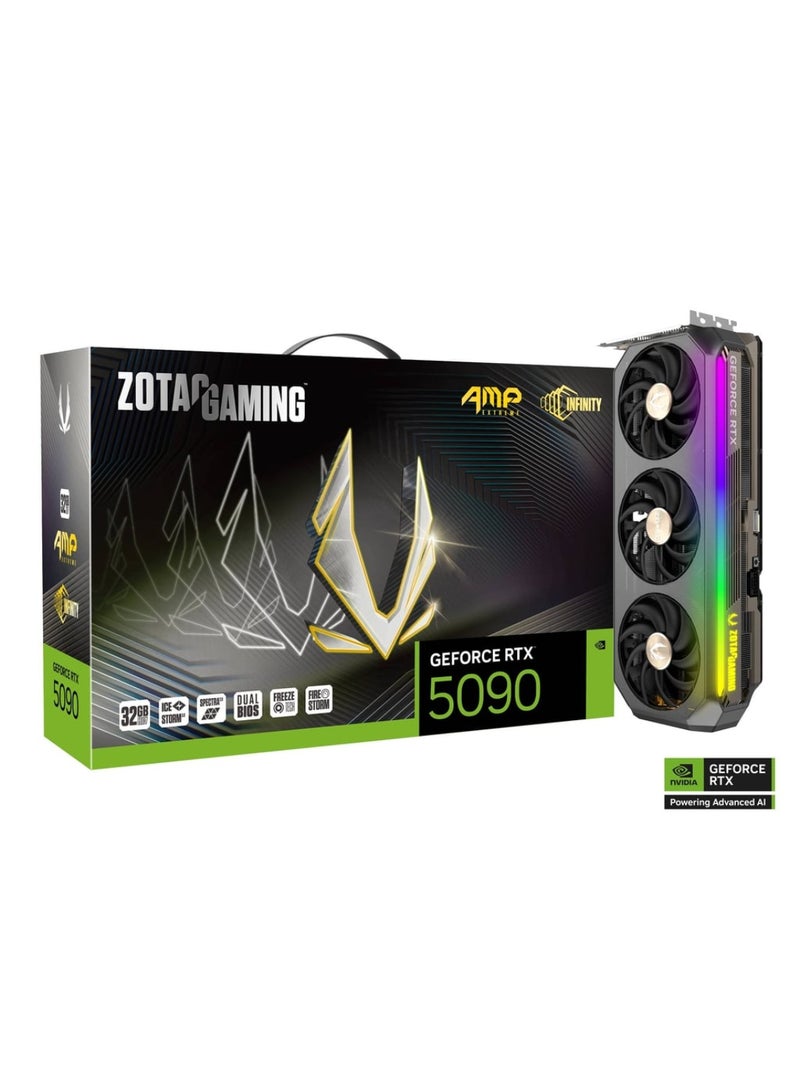 ZOTAC GAMING GeForce RTX 5090 AMP Extreme INFINITY Graphics Card, 32GB GDDR7, 21760 CUDA Cores, 2467 MHz Engine Clock, 28 Gbps Memory Clock, PCIe 5.0, 4K 480Hz, 8K 165Hz DisplayPort 2.1, HDMI 2.1b, IceStorm 3.0 Cooling, 1000W PSU Recommended, Dual BIOS, RGB Lighting, 3.5 Slot Size | ZT-B50900B-10P Black - Image 1