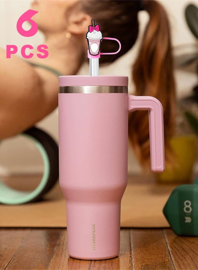 6-Psc Random Hot Pink Straw Covers Cap Toppers Compatible With Tumbler Cups, Cute Pink 10mm Reusable Silicone Straws Topper For 30&40oz Tumbler With Handle,  Cup Accessories