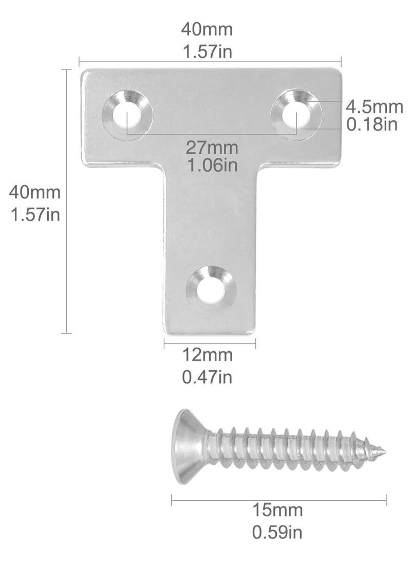 Rubik 8pcs Flat Corner Brace with Screws, Stainless Steel T Shaped Brackets for Wood Desk Chair Cabinet Drawer Closet Frame Furniture Joint Repair (40x40x1mm)  - Image 2