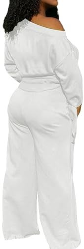 sexycherry 2 Piece Outfits for Women Vacation Casual White Sweatsuits Long Sleeve Loose Wide Leg Pants Tracksuits Sets with Pockets Drawstrings (Large) - Image 3