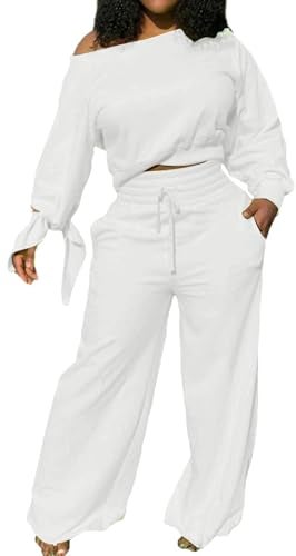 sexycherry 2 Piece Outfits for Women Vacation Casual White Sweatsuits Long Sleeve Loose Wide Leg Pants Tracksuits Sets with Pockets Drawstrings (Large) - Image 5