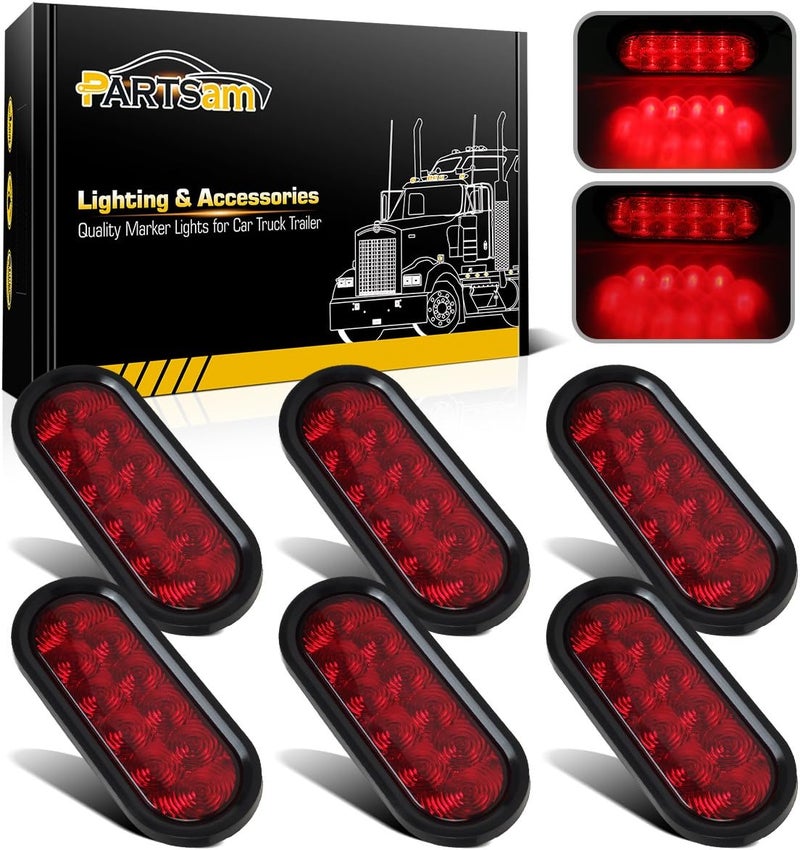 Partsam 6pcs Red Oval 10 Diodes 6 Inch Stop Turn Tail Brake Light Kit - Image 1
