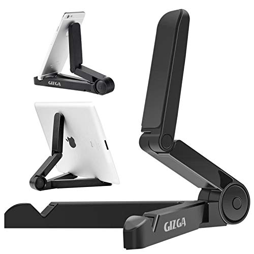 GIZGA ESSENTIALS Portable Tabletop Tablet Stand Mobile Holder, Desktop Stand, Cradle, Dock for iPad, Smartphone, Kindle, E-Reader, Fully Foldable, Adjustable Angle, Anti-Slip Pads, Black - Image 1
