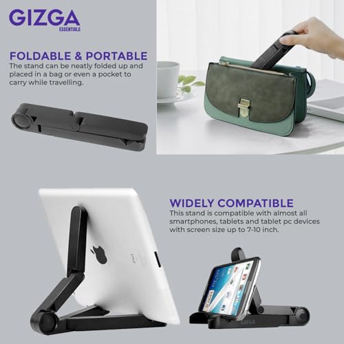 GIZGA ESSENTIALS Portable Tabletop Tablet Stand Mobile Holder, Desktop Stand, Cradle, Dock for iPad, Smartphone, Kindle, E-Reader, Fully Foldable, Adjustable Angle, Anti-Slip Pads, Black - Image 5