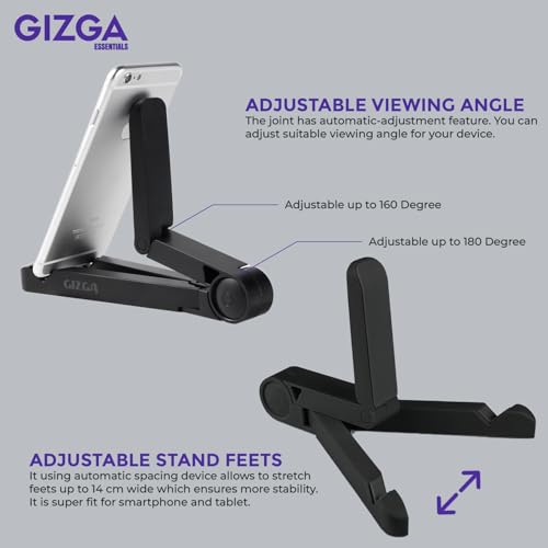 GIZGA ESSENTIALS Portable Tabletop Tablet Stand Mobile Holder, Desktop Stand, Cradle, Dock for iPad, Smartphone, Kindle, E-Reader, Fully Foldable, Adjustable Angle, Anti-Slip Pads, Black - Image 2