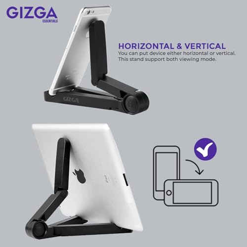 GIZGA ESSENTIALS Portable Tabletop Tablet Stand Mobile Holder, Desktop Stand, Cradle, Dock for iPad, Smartphone, Kindle, E-Reader, Fully Foldable, Adjustable Angle, Anti-Slip Pads, Black - Image 3