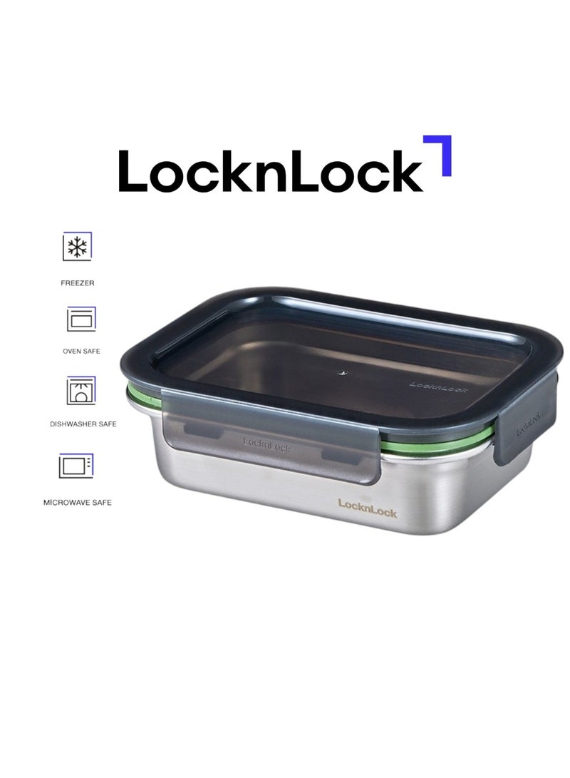LocknLock حاوية طعام مستطيلة قابلة للتكديس من لوكن لوك مصنوعة من الفولاذ المقاوم للصدأ سعة 600 مل - غطاء قفل رباعي الجوانب، متين ومقاوم للتسرب، آمن للاستخدام في الفرن والفريزر - Image 1