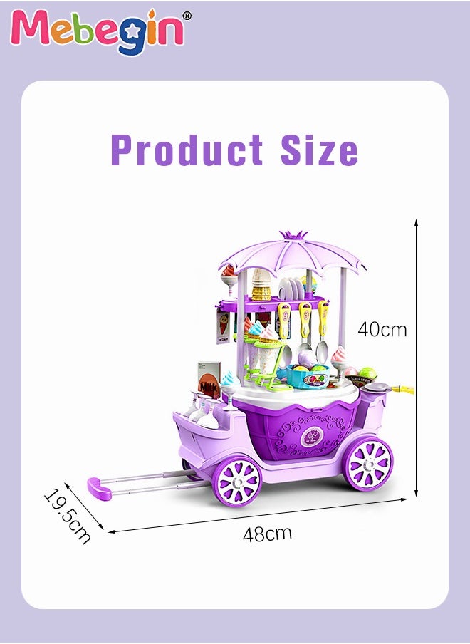 MEBEGIN - 69 Pieces Ice Cream Cart and Pretend Play Food Set, 4 in 1 Simulation Ice-Cream Trolley Truck Kit, Mini Ice Cream Toys, Play House Toy, Ideal Gift for Kids Aged 3+ - Image 1
