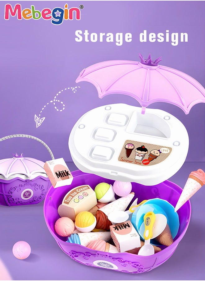 MEBEGIN - 69 Pieces Ice Cream Cart and Pretend Play Food Set, 4 in 1 Simulation Ice-Cream Trolley Truck Kit, Mini Ice Cream Toys, Play House Toy, Ideal Gift for Kids Aged 3+ - Image 1