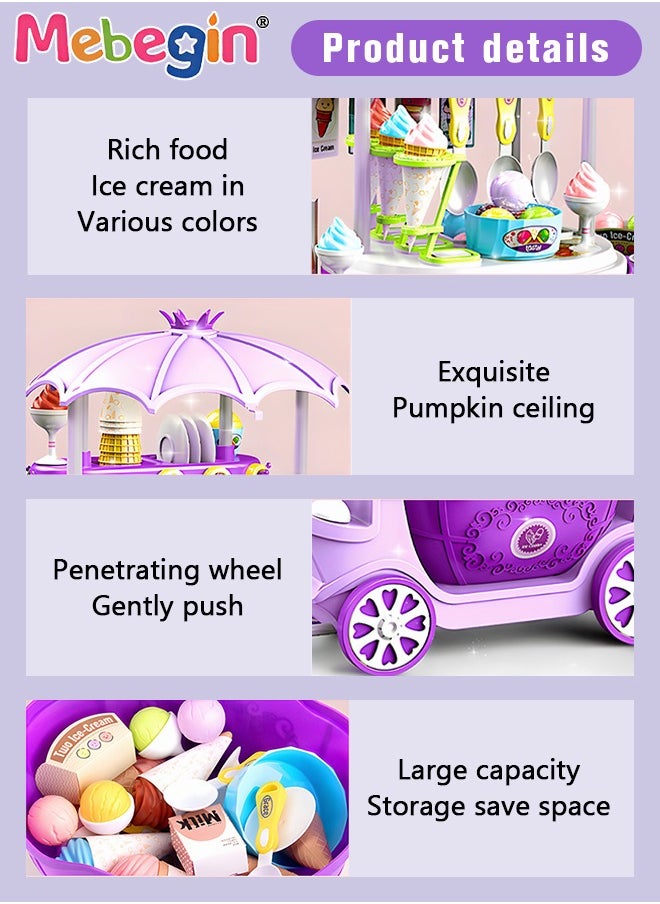 MEBEGIN - 69 Pieces Ice Cream Cart and Pretend Play Food Set, 4 in 1 Simulation Ice-Cream Trolley Truck Kit, Mini Ice Cream Toys, Play House Toy, Ideal Gift for Kids Aged 3+ - Image 1