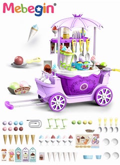 MEBEGIN 69 Pieces Ice Cream Cart and Pretend Play Food Set, 4 in 1 Simulation Ice-Cream Trolley Truck Kit, Mini Ice Cream Toys, Play House Toy, Ideal Gift for Kids Aged 3+  - Image 1