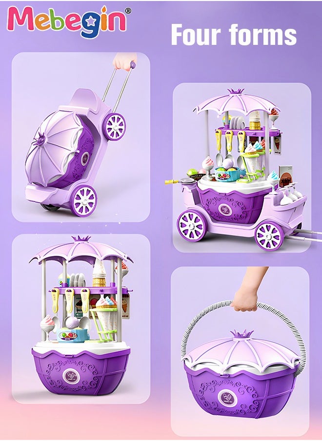 MEBEGIN - 69 Pieces Ice Cream Cart and Pretend Play Food Set, 4 in 1 Simulation Ice-Cream Trolley Truck Kit, Mini Ice Cream Toys, Play House Toy, Ideal Gift for Kids Aged 3+ - Image 1