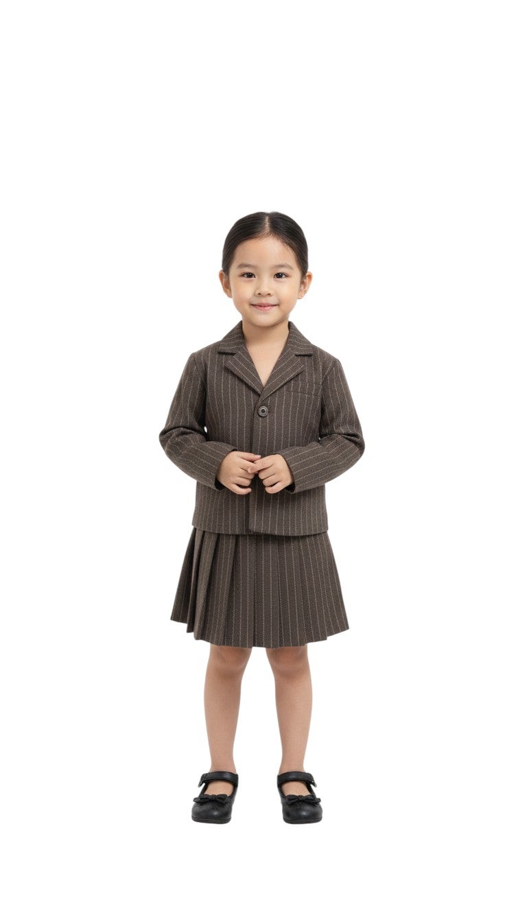 بونچو طقم تنورة وجاكيت ميلتون مخطط كاجوال للبنات من بونجو – بني - Image 1