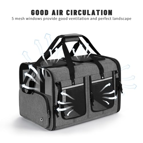 Groxkox Cat Carrier for 2 Cats, Foldable Double Cat and Dog Carrier, Small to Medium Size, 2 Front Zippered Compartments,Two Pets Carrier for Travel,Mulitple Cat Carrier (Dark Gray with Flat Pocket) - Image 5
