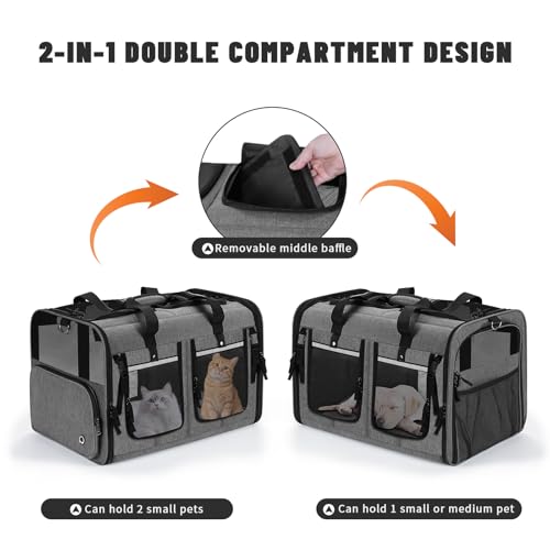 Groxkox Cat Carrier for 2 Cats, Foldable Double Cat and Dog Carrier, Small to Medium Size, 2 Front Zippered Compartments,Two Pets Carrier for Travel,Mulitple Cat Carrier (Dark Gray with Flat Pocket) - Image 3