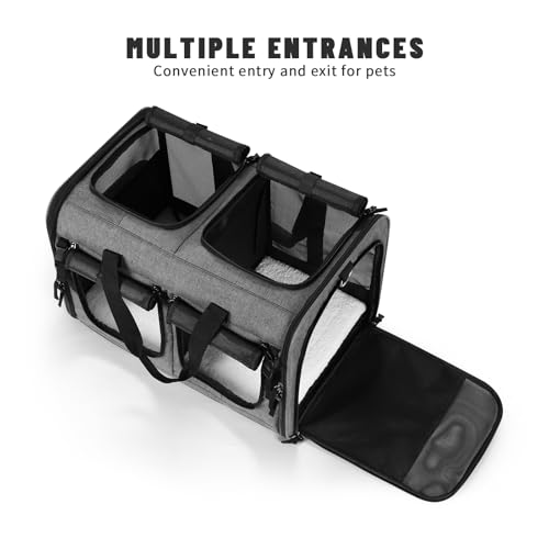 Groxkox Cat Carrier for 2 Cats, Foldable Double Cat and Dog Carrier, Small to Medium Size, 2 Front Zippered Compartments,Two Pets Carrier for Travel,Mulitple Cat Carrier (Dark Gray with Flat Pocket) - Image 4