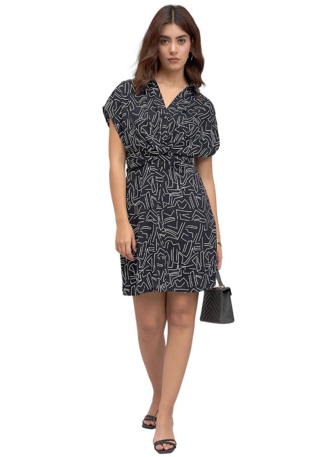 Dennis Lingo - Black Regular Fit Printed Dress for Women - Rayon, Shirt Collar, Half Sleeves, Casual - Image 1