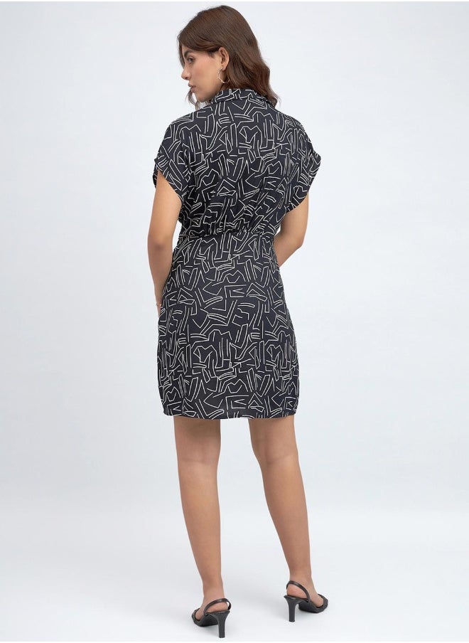 Dennis Lingo - Black Regular Fit Printed Dress for Women - Rayon, Shirt Collar, Half Sleeves, Casual - Image 1
