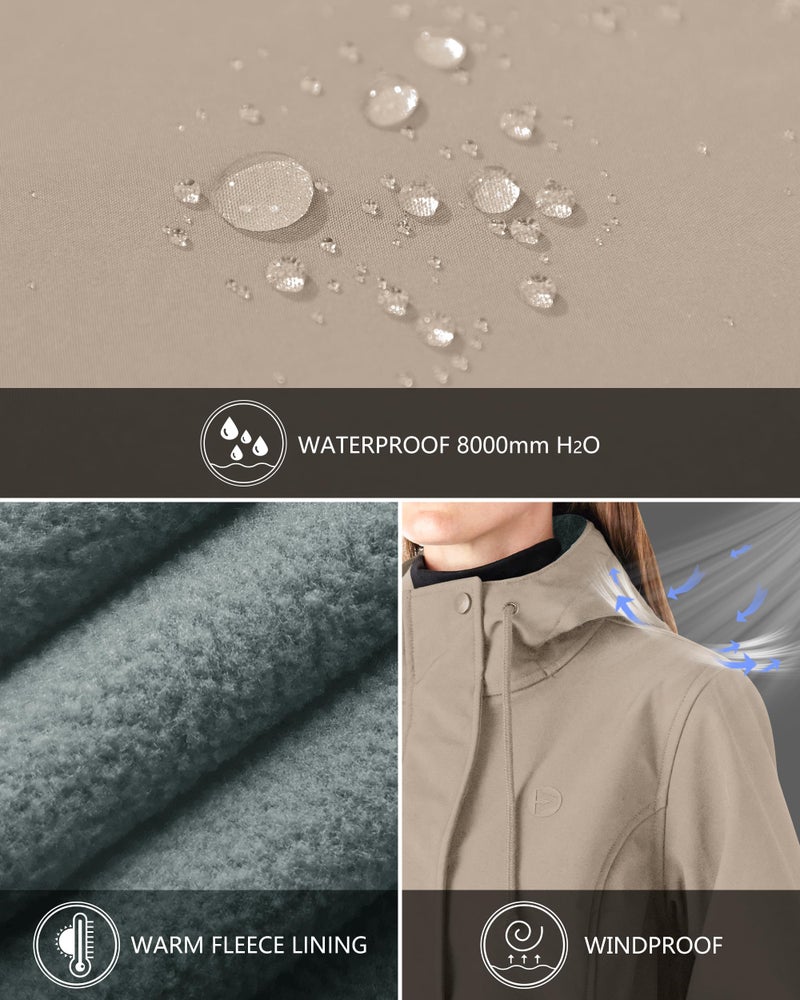 Outdoor Ventures Women's Lightweight Waterproof Fleece Lined Hooded Softshell Rain Jacket, Warm Windbreaker Long Coat - Image 3