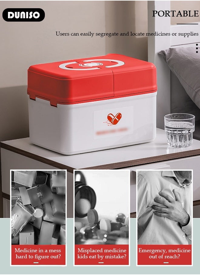 DUNISO Family Medicine Storage Box Container, Double 3-Tier Folding First Aid Box Organizer with Locking Lid Handle, Multipurpose Durable Craft Tool Case Plastic Professional Emergency Bin for Home Travel Car Camping Office  - Image 3