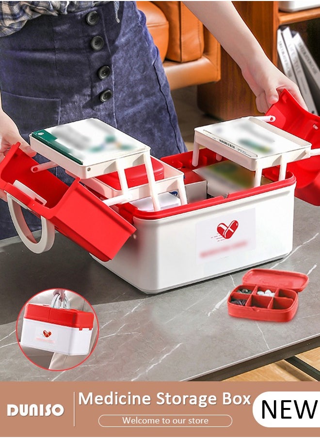 DUNISO Family Medicine Storage Box Container, Double 3-Tier Folding First Aid Box Organizer with Locking Lid Handle, Multipurpose Durable Craft Tool Case Plastic Professional Emergency Bin for Home Travel Car Camping Office  - Image 1