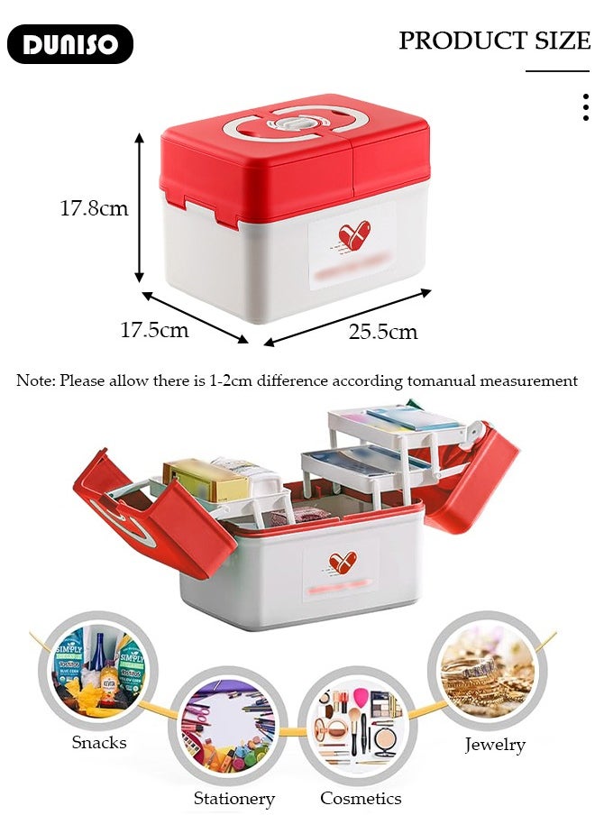 DUNISO Family Medicine Storage Box Container, Double 3-Tier Folding First Aid Box Organizer with Locking Lid Handle, Multipurpose Durable Craft Tool Case Plastic Professional Emergency Bin for Home Travel Car Camping Office  - Image 4