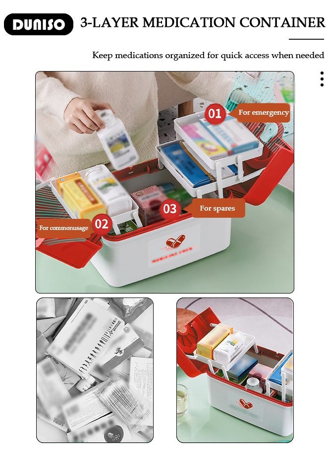 DUNISO Family Medicine Storage Box Container, Double 3-Tier Folding First Aid Box Organizer with Locking Lid Handle, Multipurpose Durable Craft Tool Case Plastic Professional Emergency Bin for Home Travel Car Camping Office  - Image 2
