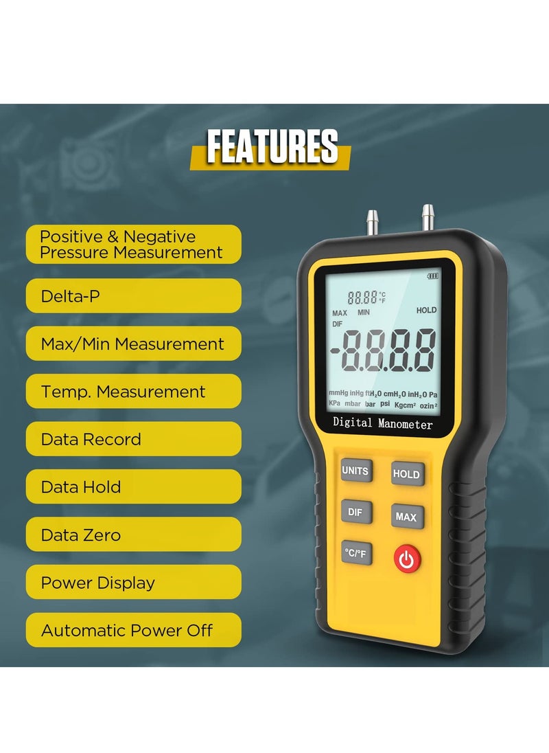 SYOSI - Manometer Professional Digital Display Manometer Gas Pressure Tester Handheld Hvac Dual Port Manometer 12 Selectable Units Differential Pressure Gauge, ±20.68kpa - Image 1