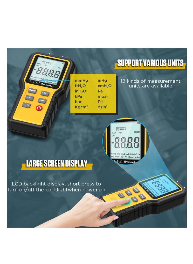 SYOSI - Manometer Professional Digital Display Manometer Gas Pressure Tester Handheld Hvac Dual Port Manometer 12 Selectable Units Differential Pressure Gauge, ±20.68kpa - Image 1