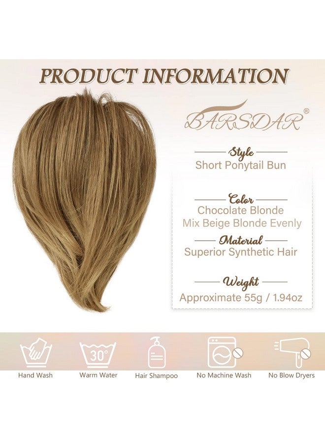 بارسدار وصلات شعر بنية اللون على شكل ذيل حصان، شعر صناعي مستقيم على شكل كعكة للنساء، وصلات شعر على شكل ذيل حصان قصيرة بالكامل، ربطات شعر مرنة على شكل كعكة للفتيات يوميًا - بني ذهبي فاتح