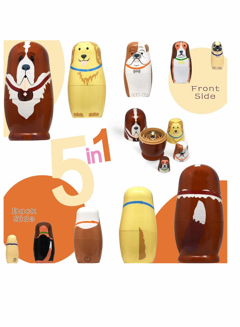 Excefore Russian Nesting Dolls 5pcs Nested Dog Set Russian Traditional Classic Dolls Handmade Wood Stacking Toy for Children Kids Birthday Party Home Decoration New Year Wishing Gift - Image 2