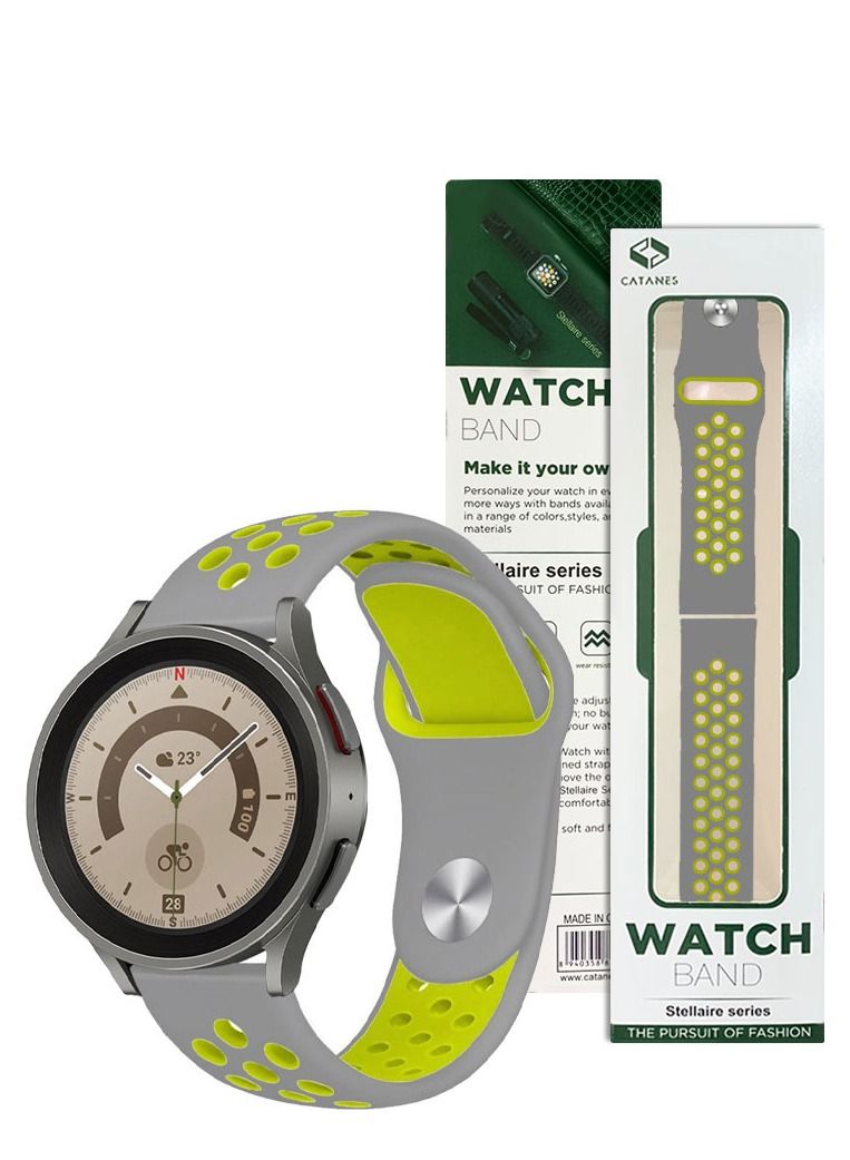 CATANES سوار سامسونج جالاكسي ووتش 5 بديل سوار جالاكسي ووتش 5 برو حزام سيليكون 20 مم ساعة ذكية سوار معصم متوافق مع جالاكسي ووتش5 (44 مم/40 مم) جالاكسي ووتش5 برو (45 مم) رمادي/أخضر نيون - Image 3