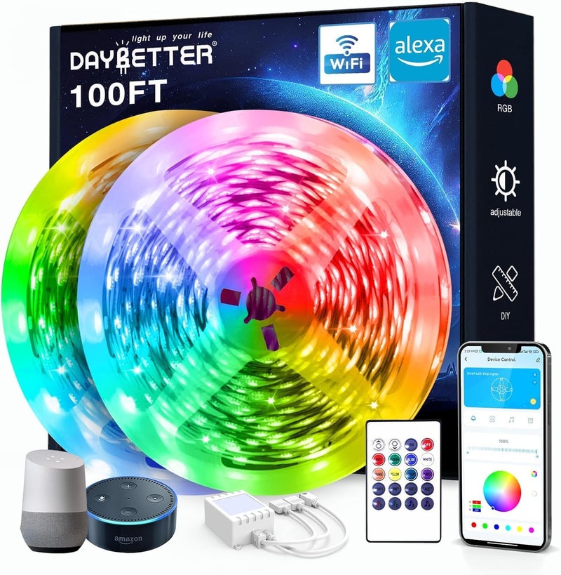 DAYBETTER 100 ft Smart WiFi Led Lights Led Strip Lights Work with Alexa and Google Assistant App Voice Remote Control Music Sync Color Changing RGB Strip Lighting for Bedroom Room Decor 50 ft 2