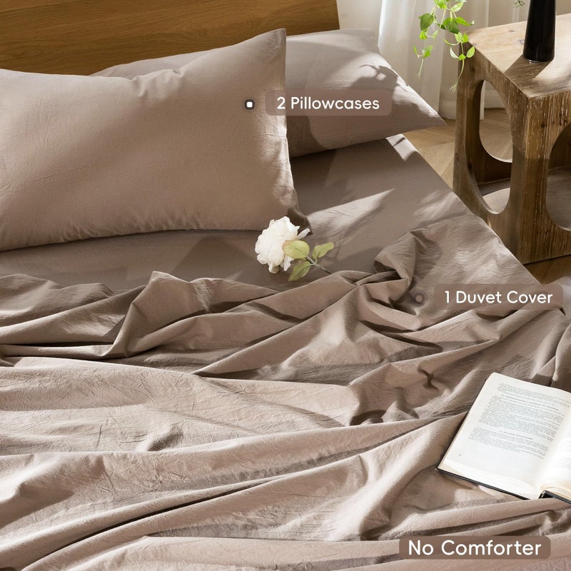 MooMee Bedding Duvet Cover Set 100% Washed Cotton Linen Like Textured Breathable Durable Soft Comfy (Solid Brown, Queen 90"x90") - Image 2