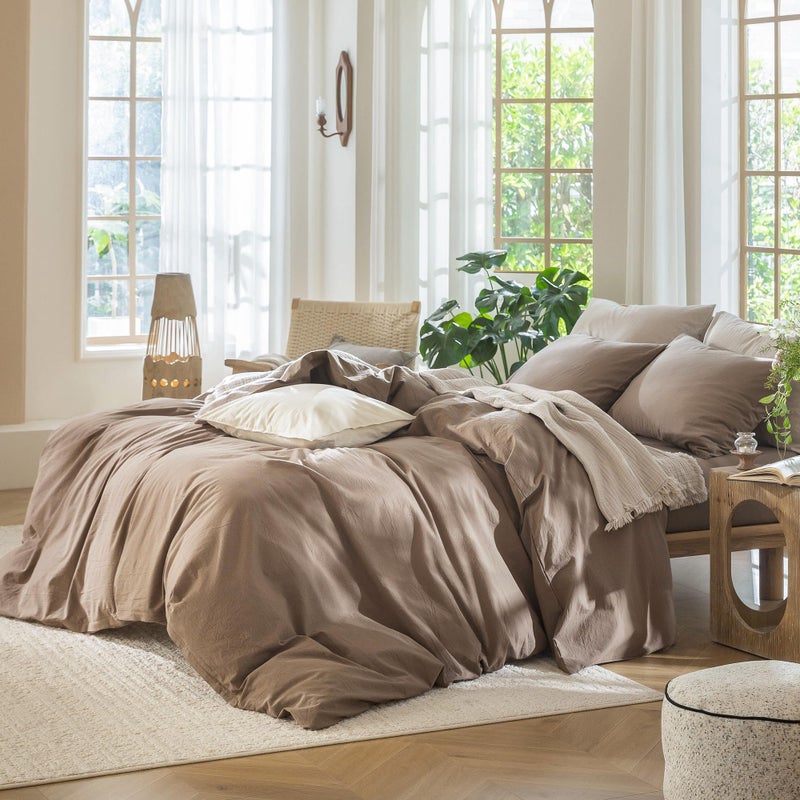 MooMee Bedding Duvet Cover Set 100% Washed Cotton Linen Like Textured Breathable Durable Soft Comfy (Solid Brown, Queen 90"x90") - Image 3